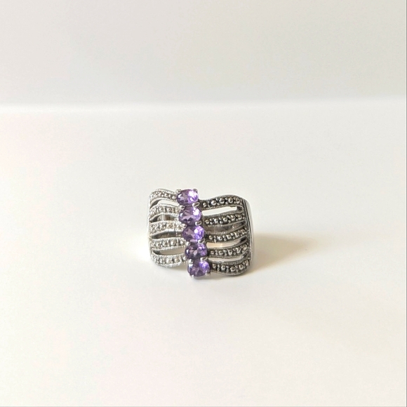 Jewelry - 925 Sterling Silver Marcasite Faux Amethyst Wavy Stacked Band Cocktail Ring sz 7
